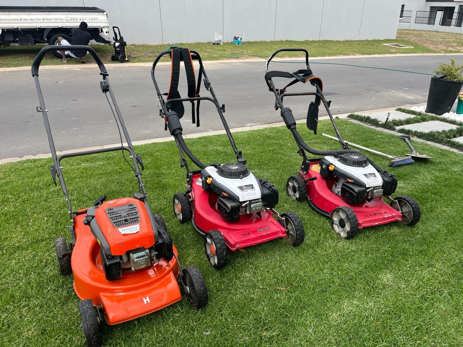 2Green's Husqvarna and Alpha petrol lawnmowers, with the 2Green truck servicing Val de Vie and Pearl Valley, Paarl